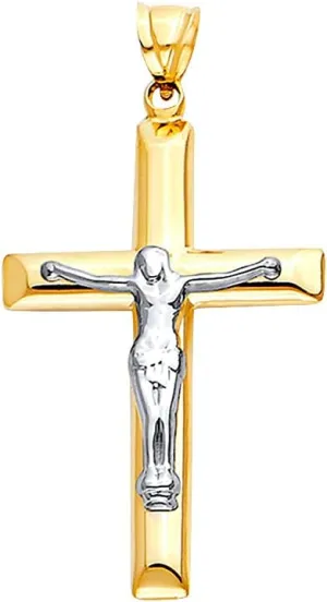 TWJC 14k Two Tone Gold Hollow Cross with Jesus Charm Pendant