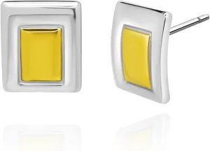 Two Tone Chunky Square Stud Earrings for Women and Men, Golden Silver Thick Rectangle Geometric Button Earrings, Large Oversized Stainless Steel Vintage Statement Minimalist Jewelry