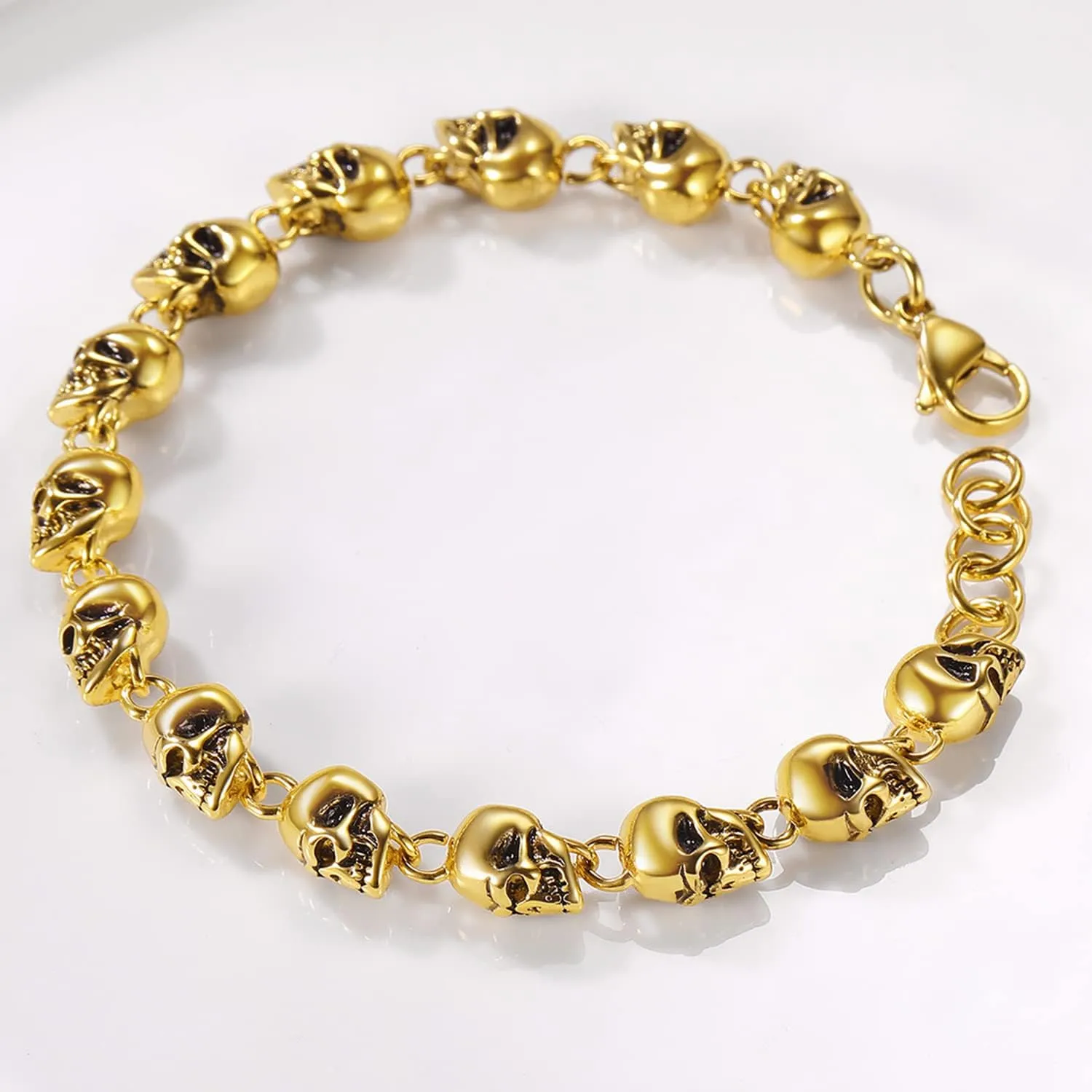 U7 Gothic Skull Bracelets for Men Women, Stainless Steel/18K Gold Plated/Silver Black Punk Skeleton Head Chain Bracelet Party Accessories for Rapper Biker