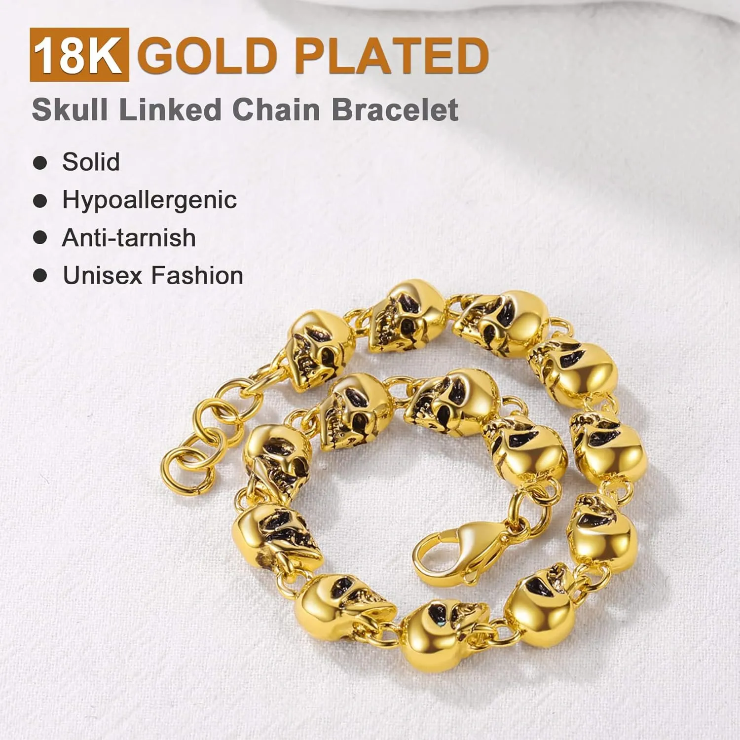 U7 Gothic Skull Bracelets for Men Women, Stainless Steel/18K Gold Plated/Silver Black Punk Skeleton Head Chain Bracelet Party Accessories for Rapper Biker