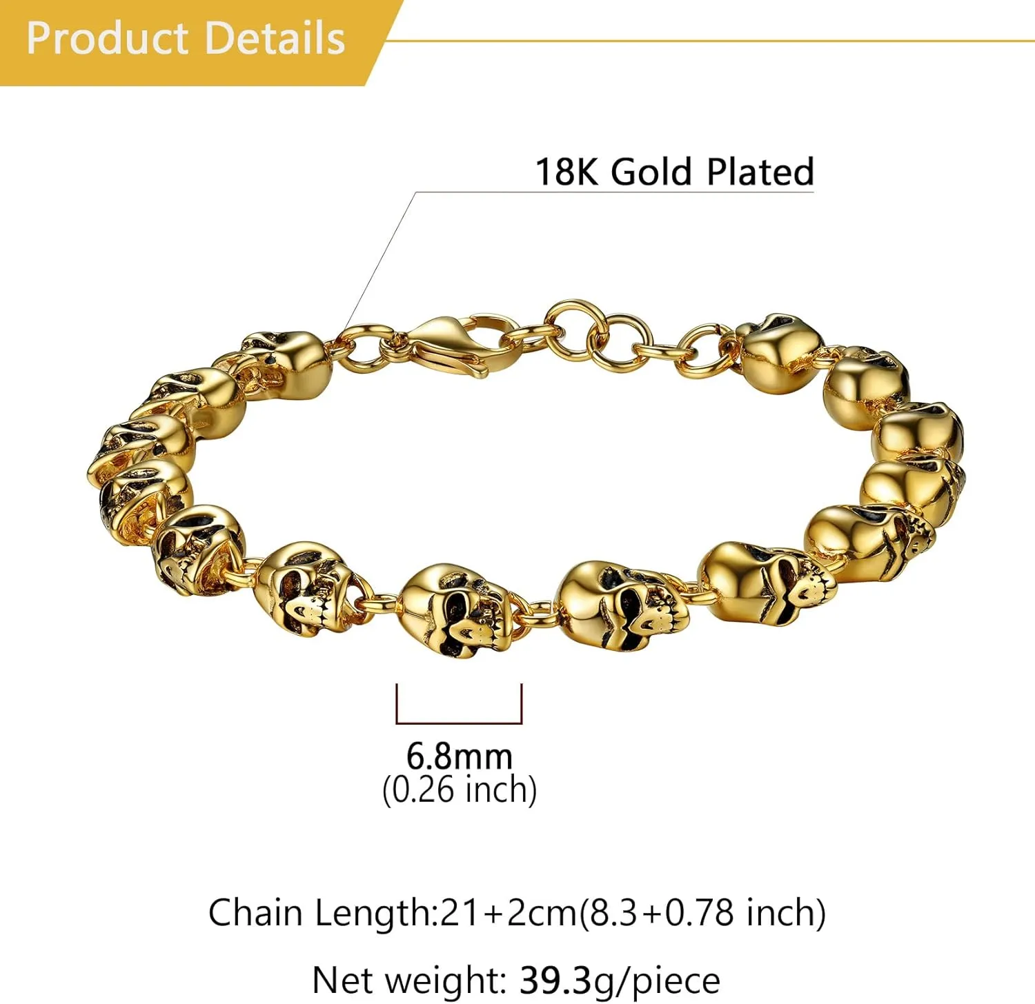 U7 Gothic Skull Bracelets for Men Women, Stainless Steel/18K Gold Plated/Silver Black Punk Skeleton Head Chain Bracelet Party Accessories for Rapper Biker