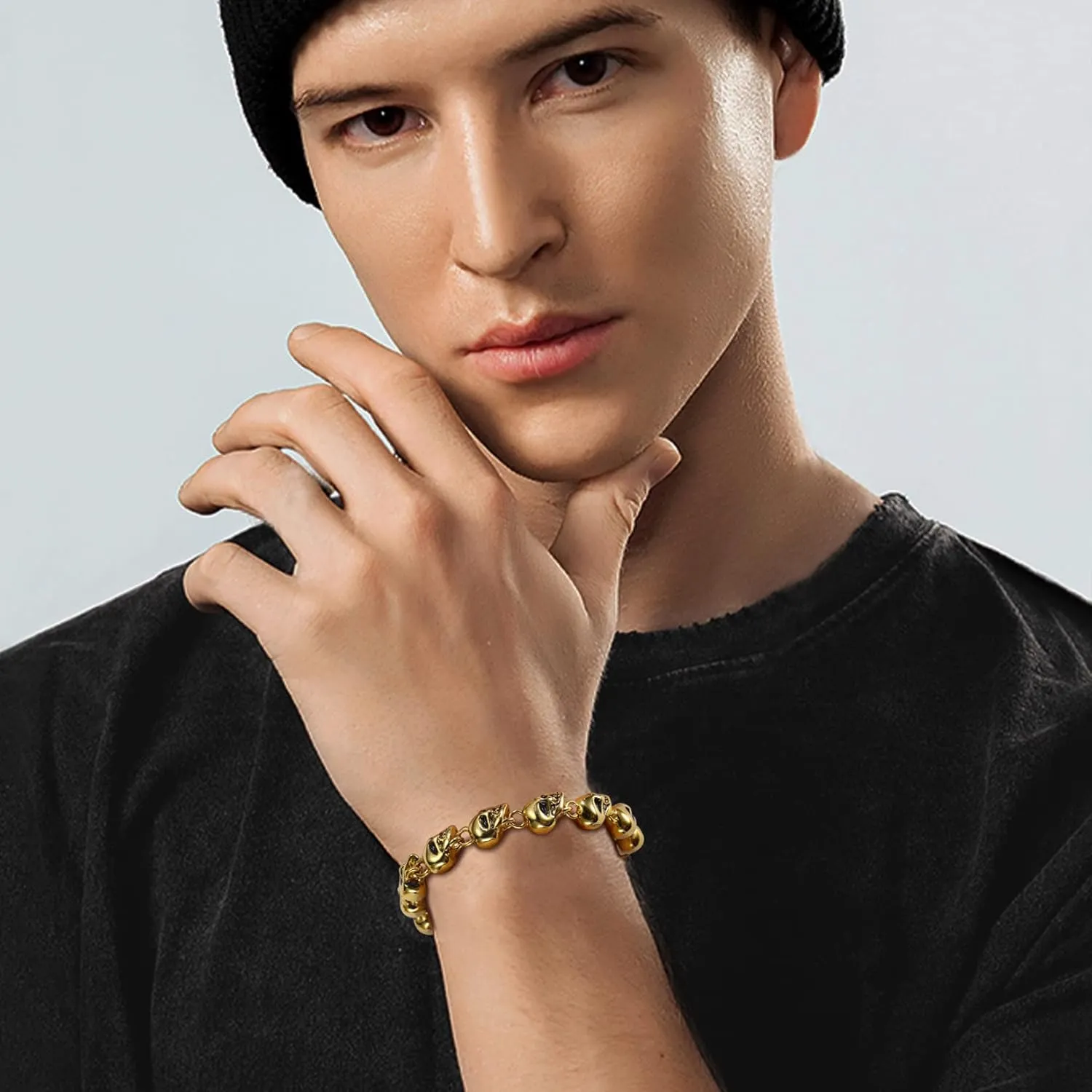 U7 Gothic Skull Bracelets for Men Women, Stainless Steel/18K Gold Plated/Silver Black Punk Skeleton Head Chain Bracelet Party Accessories for Rapper Biker