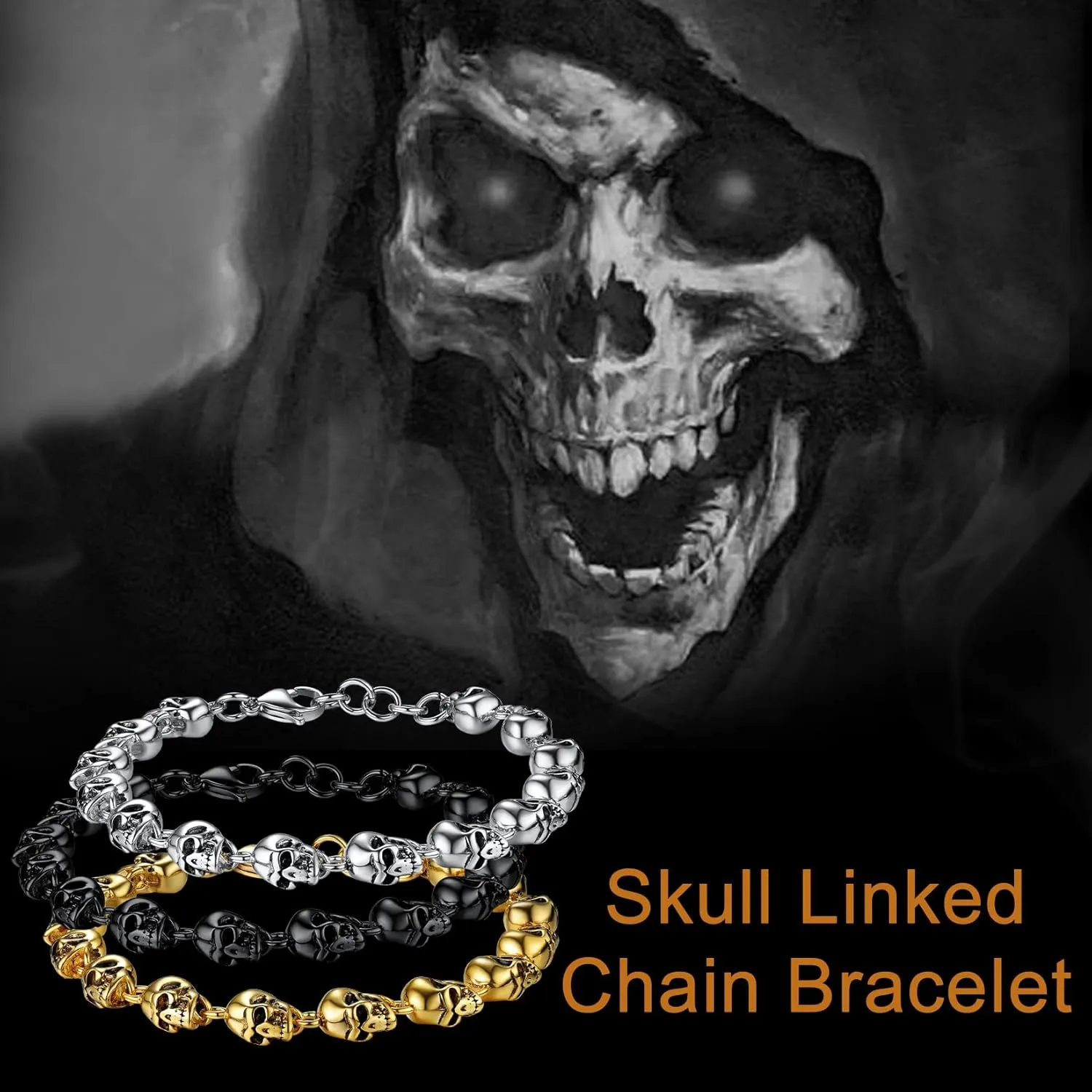 U7 Gothic Skull Bracelets for Men Women, Stainless Steel/18K Gold Plated/Silver Black Punk Skeleton Head Chain Bracelet Party Accessories for Rapper Biker