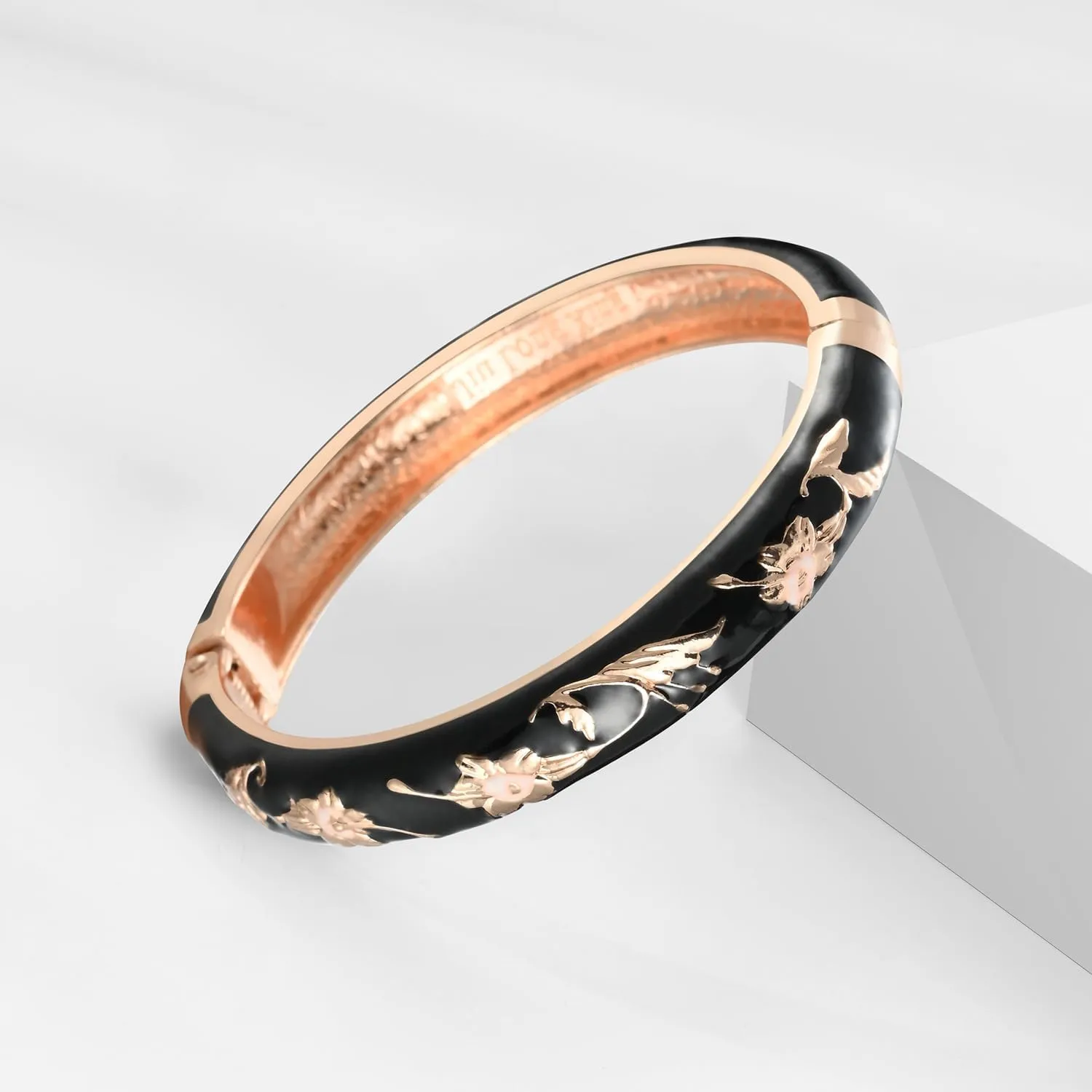 UJOY Classic Cloisonne Bracelets Enamel Jewelry Gold Plated Bamboo Flower Cuff Metal Bangle for Women Gift Box
