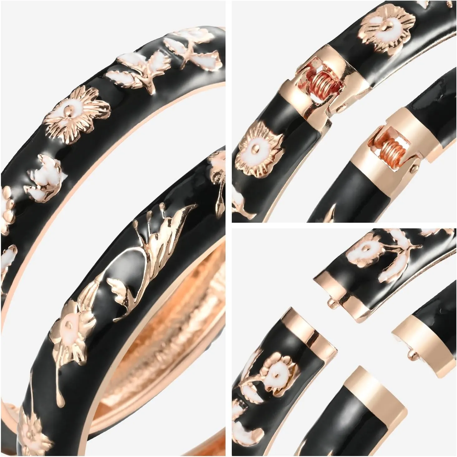 UJOY Classic Cloisonne Bracelets Enamel Jewelry Gold Plated Bamboo Flower Cuff Metal Bangle for Women Gift Box