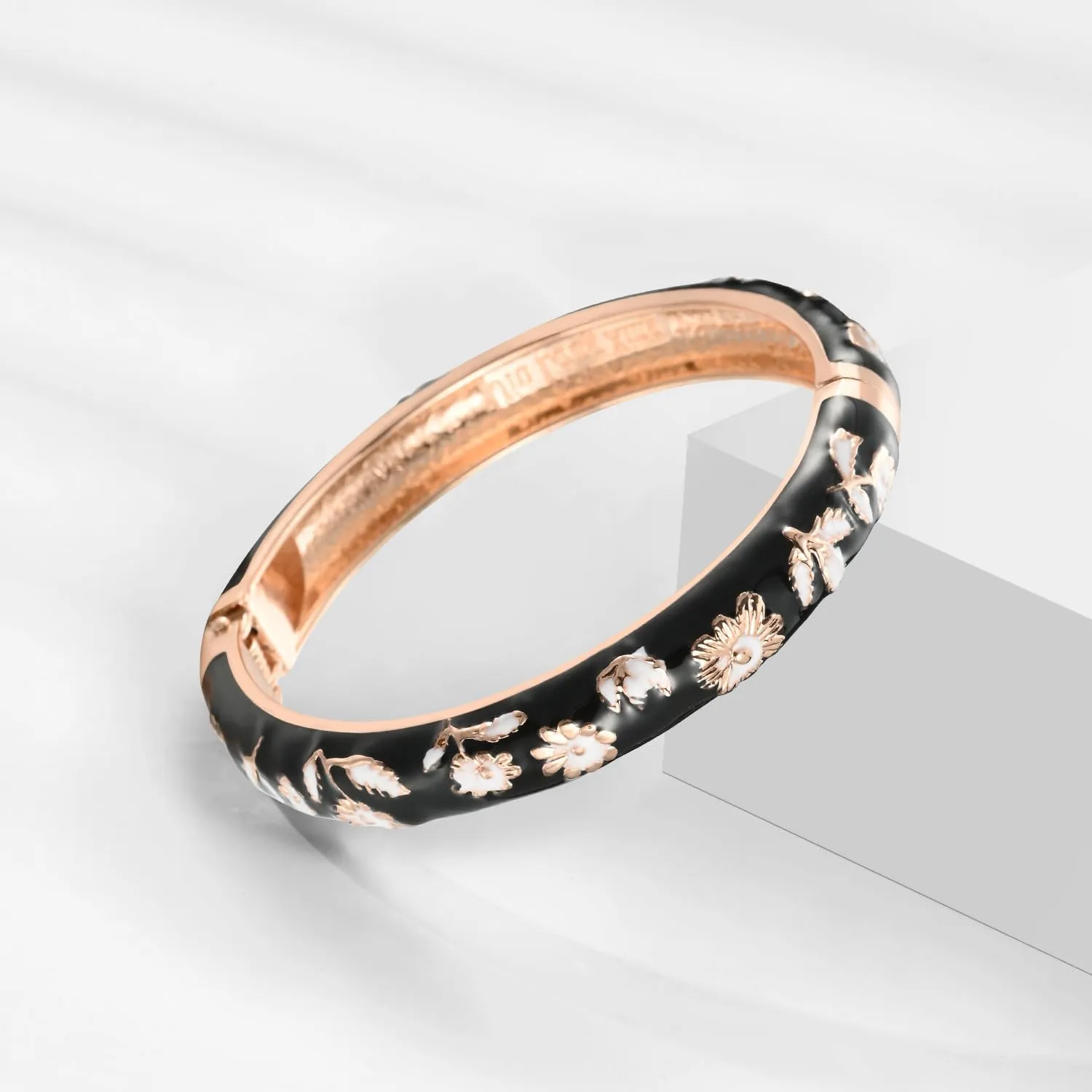 UJOY Classic Cloisonne Bracelets Enamel Jewelry Gold Plated Bamboo Flower Cuff Metal Bangle for Women Gift Box