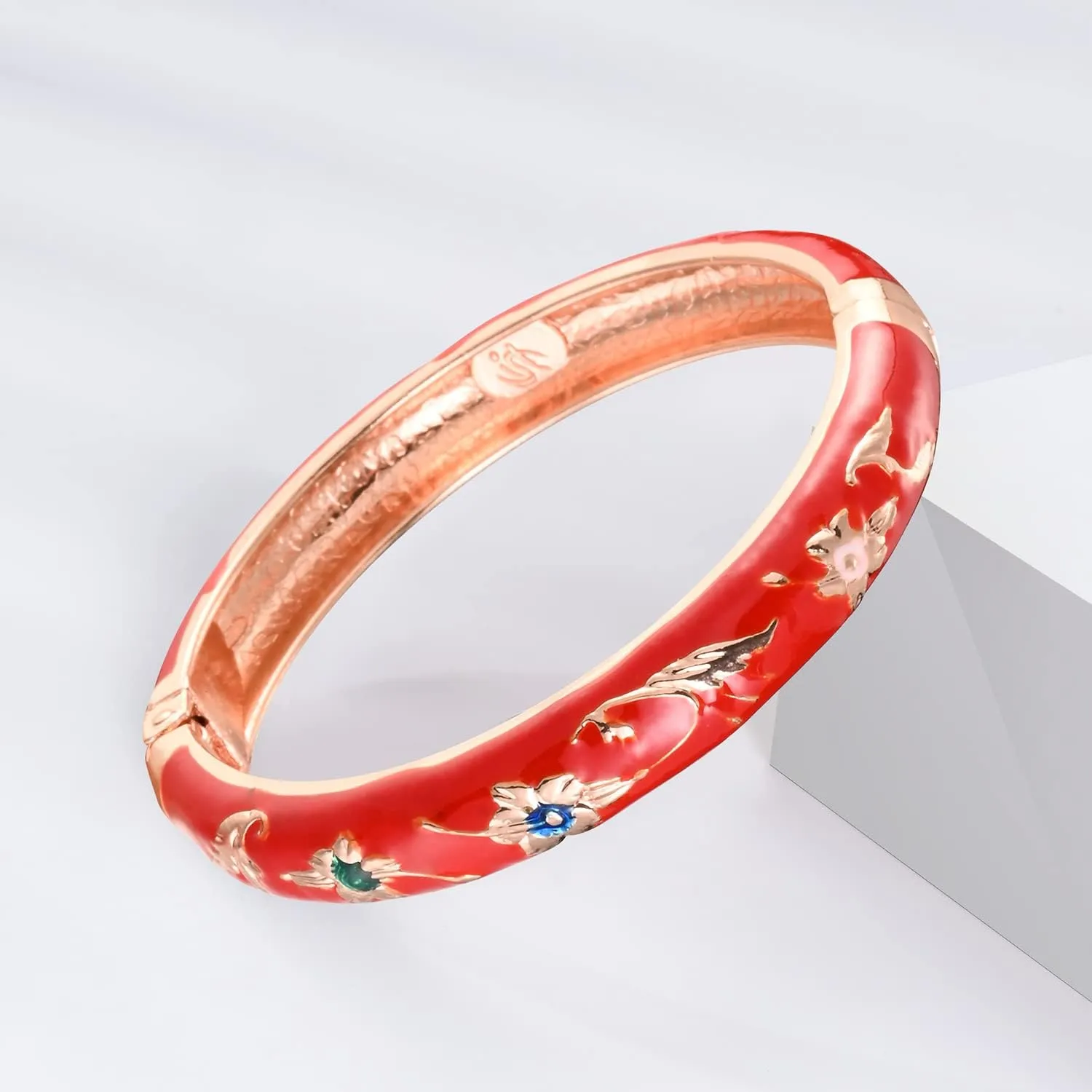 UJOY Classic Cloisonne Bracelets Enamel Jewelry Gold Plated Bamboo Flower Cuff Metal Bangle for Women Gift Box