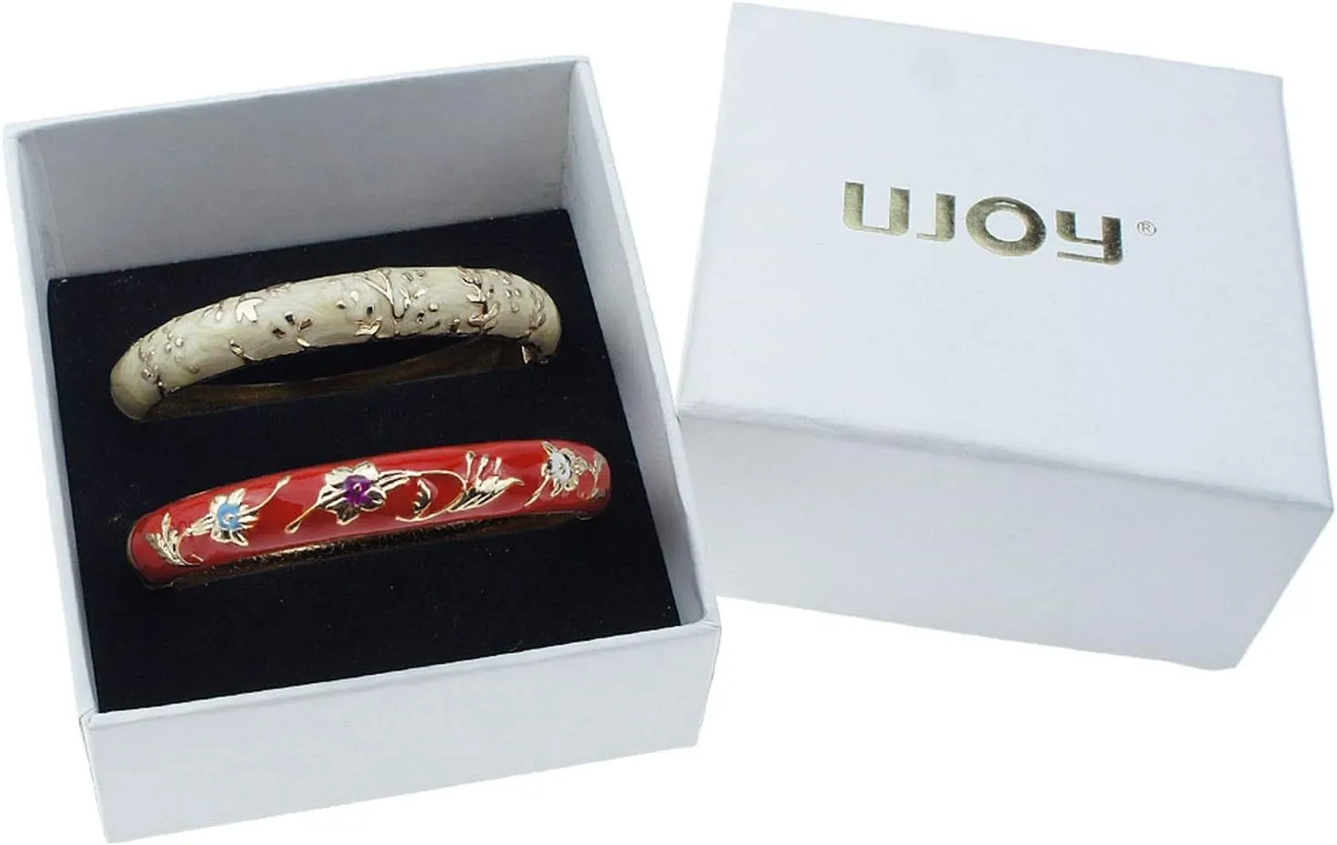 UJOY Classic Cloisonne Bracelets Enamel Jewelry Gold Plated Bamboo Flower Cuff Metal Bangle for Women Gift Box