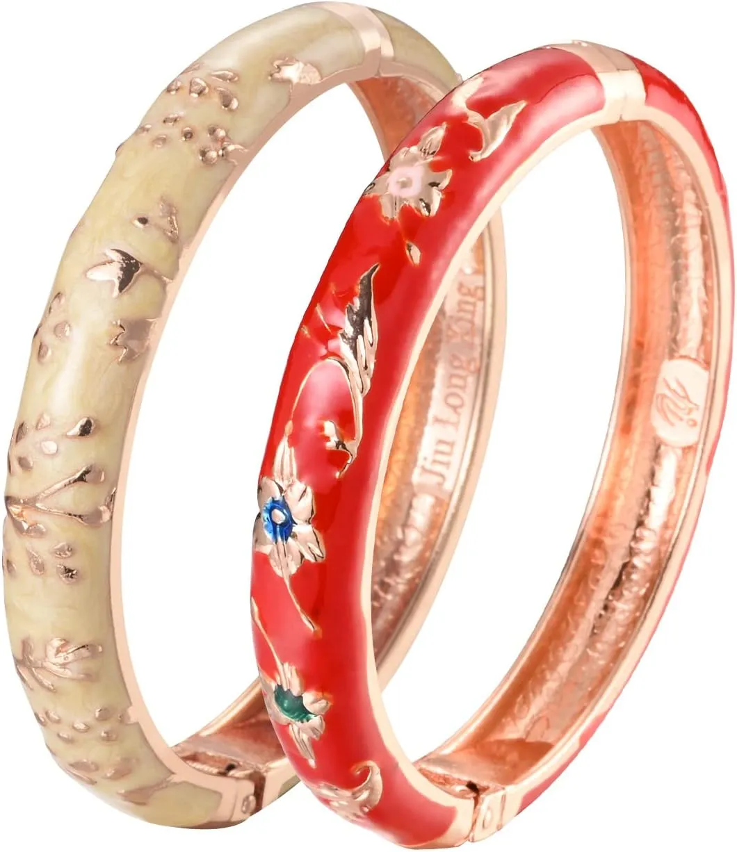UJOY Classic Cloisonne Bracelets Enamel Jewelry Gold Plated Bamboo Flower Cuff Metal Bangle for Women Gift Box