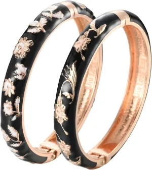 UJOY Classic Cloisonne Bracelets Enamel Jewelry Gold Plated Bamboo Flower Cuff Metal Bangle for Women Gift Box