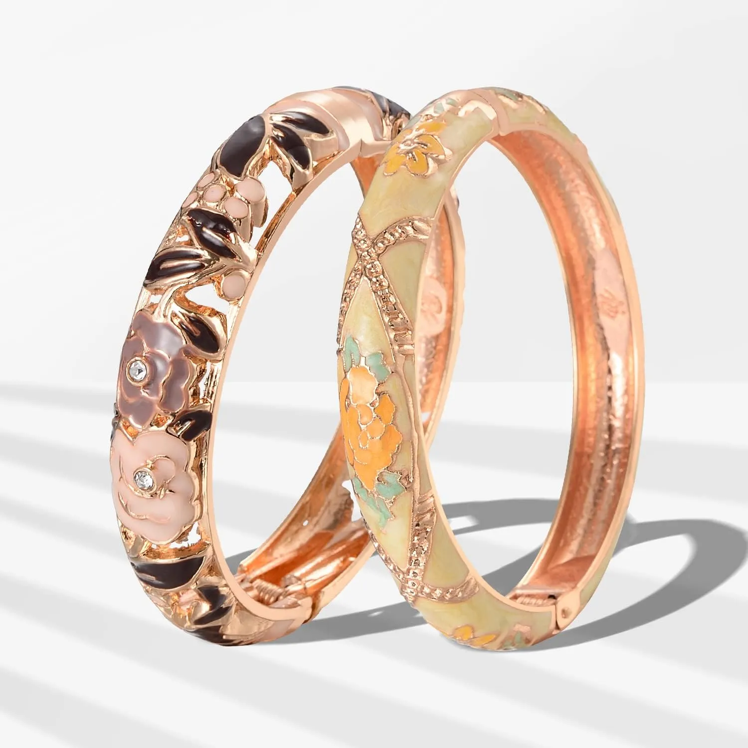 UJOY Cloisonne Bangle Colorful Enamel Golden Filigree Rose Flower Hollowed Crystal Bracelet for Women Gifts 88A09