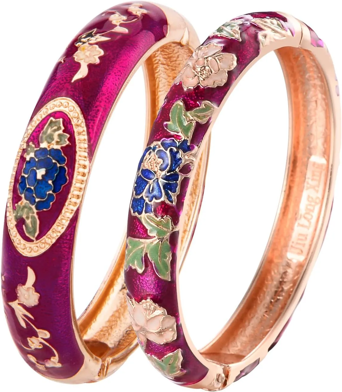 UJOY Cloisonne Bangle Colorful Enamel Golden Filigree Rose Flower Hollowed Crystal Bracelet for Women Gifts 88A09