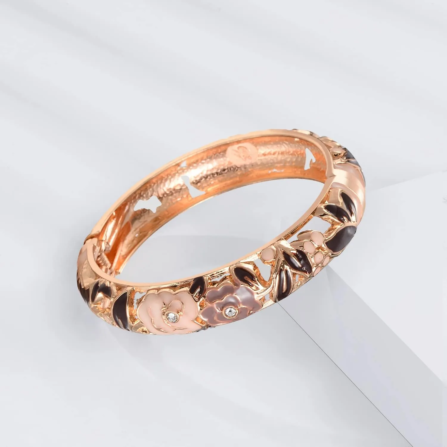 UJOY Cloisonne Bangle Colorful Enamel Golden Filigree Rose Flower Hollowed Crystal Bracelet for Women Gifts 88A09