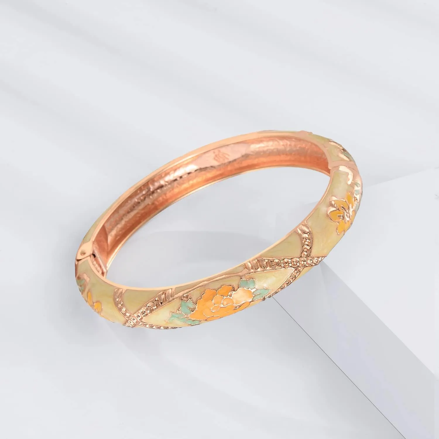 UJOY Cloisonne Bangle Colorful Enamel Golden Filigree Rose Flower Hollowed Crystal Bracelet for Women Gifts 88A09