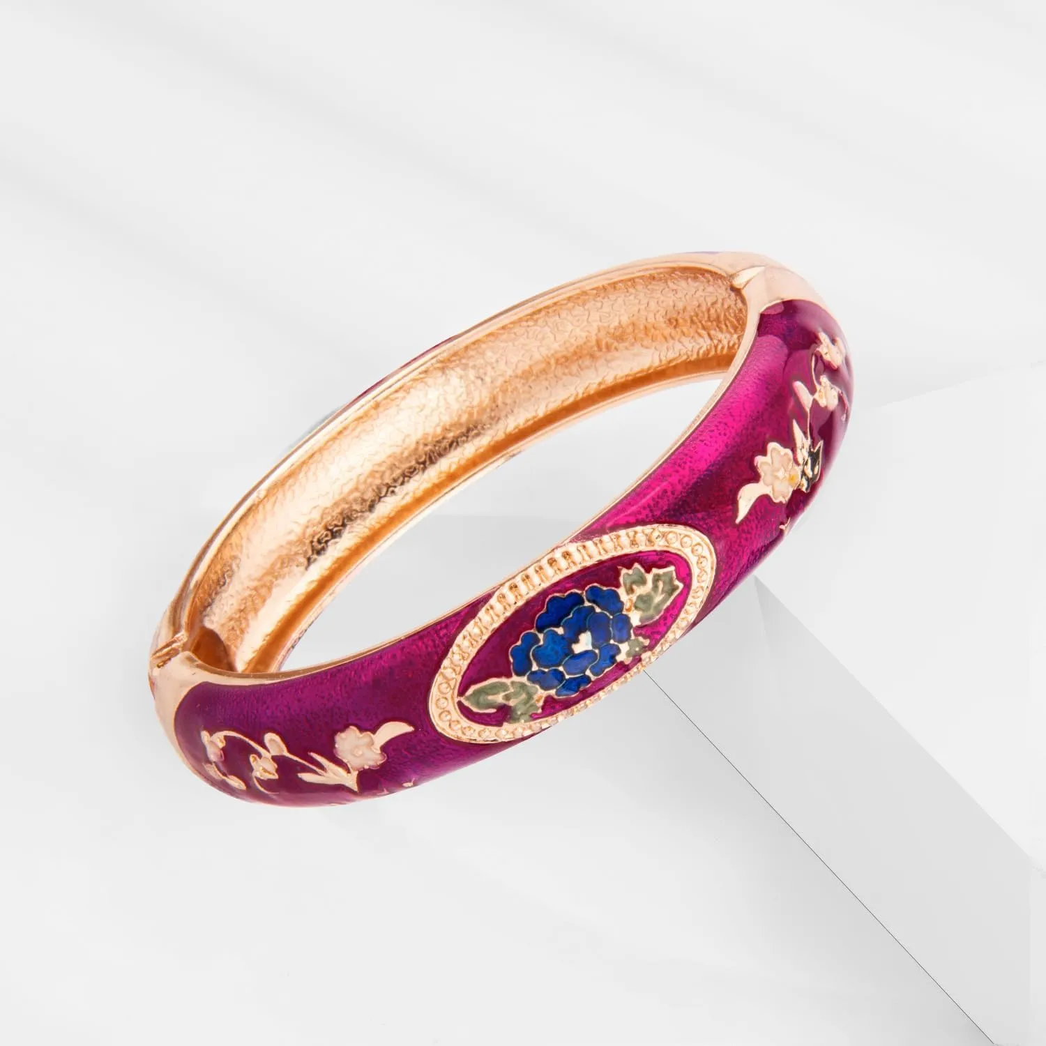 UJOY Cloisonne Bangle Colorful Enamel Golden Filigree Rose Flower Hollowed Crystal Bracelet for Women Gifts 88A09