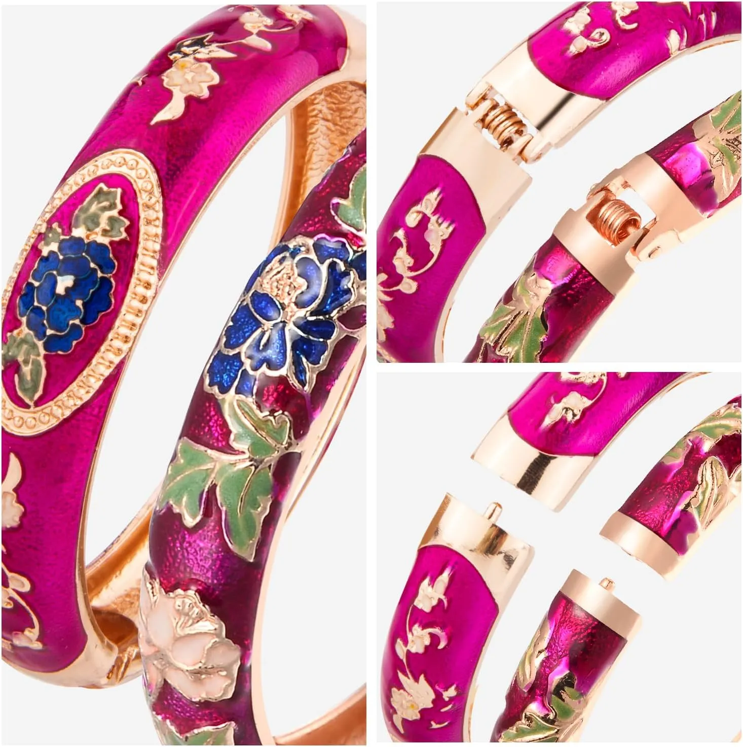 UJOY Cloisonne Bangle Colorful Enamel Golden Filigree Rose Flower Hollowed Crystal Bracelet for Women Gifts 88A09