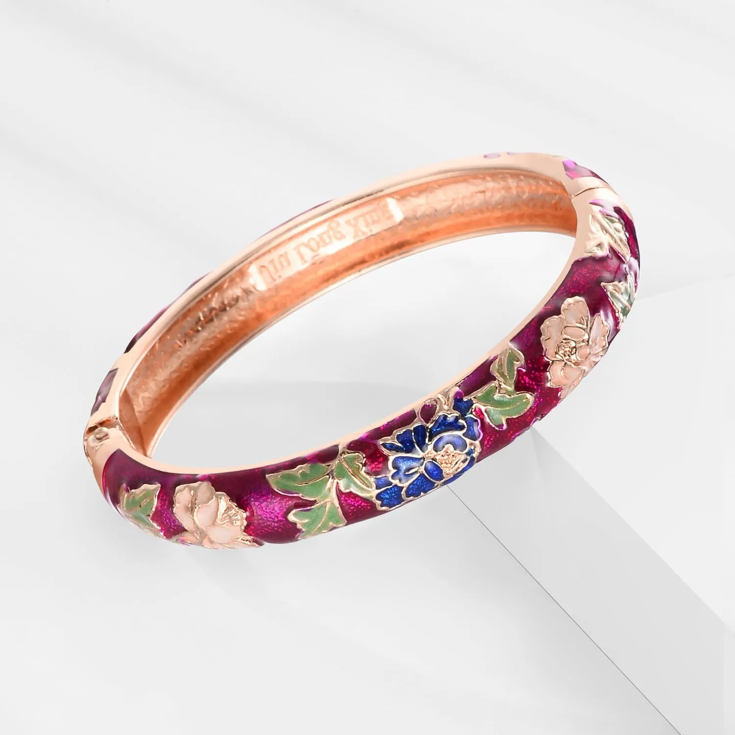 UJOY Cloisonne Bangle Colorful Enamel Golden Filigree Rose Flower Hollowed Crystal Bracelet for Women Gifts 88A09