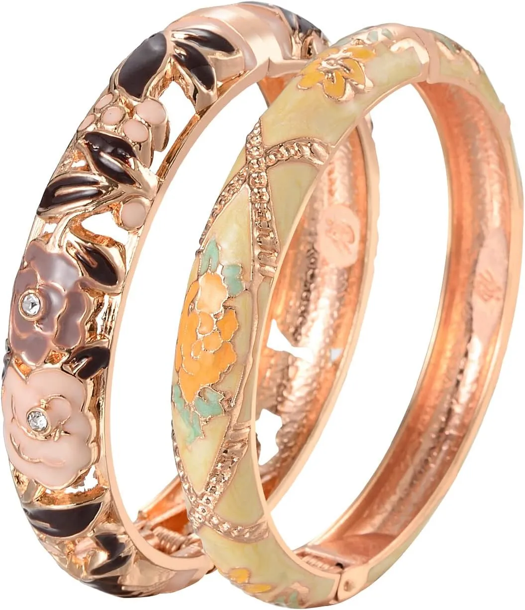 UJOY Cloisonne Bangle Colorful Enamel Golden Filigree Rose Flower Hollowed Crystal Bracelet for Women Gifts 88A09