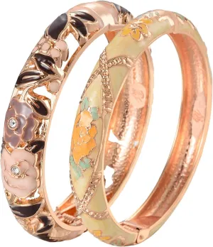 UJOY Cloisonne Bangle Colorful Enamel Golden Filigree Rose Flower Hollowed Crystal Bracelet for Women Gifts 88A09