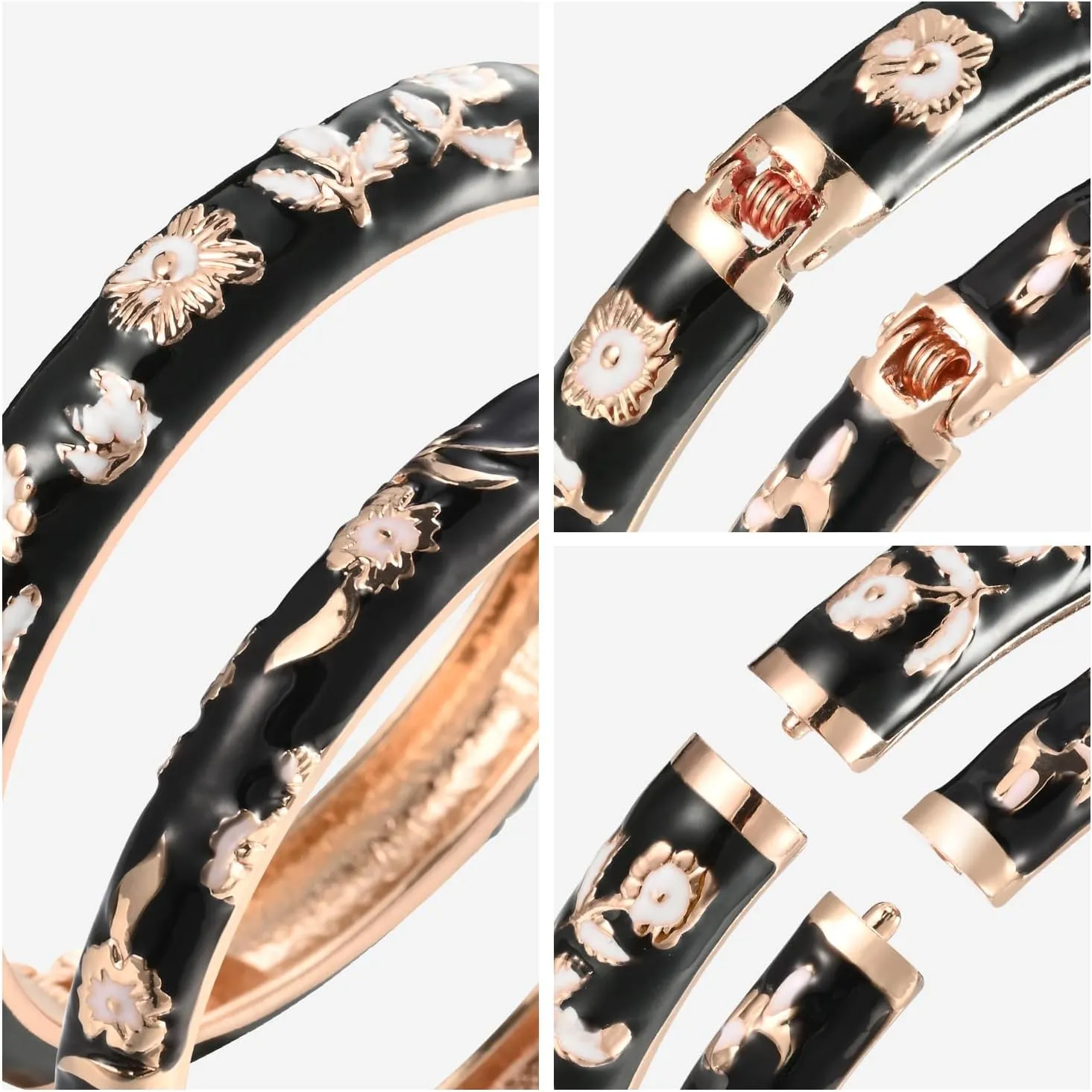 UJOY Cloisonne Bracelet Openable Hinge Gold Cuff Enamel Flower Blue Bangle Jewelry Gift for Women 55A86