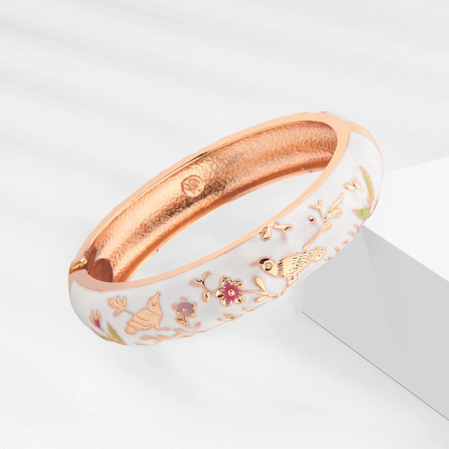 UJOY Cloisonne Indian Bangle Colored Crystal Gold Plated Hinge Cuff Bracelet Hollowed Bird Enamel Jewelry Gift 55C49