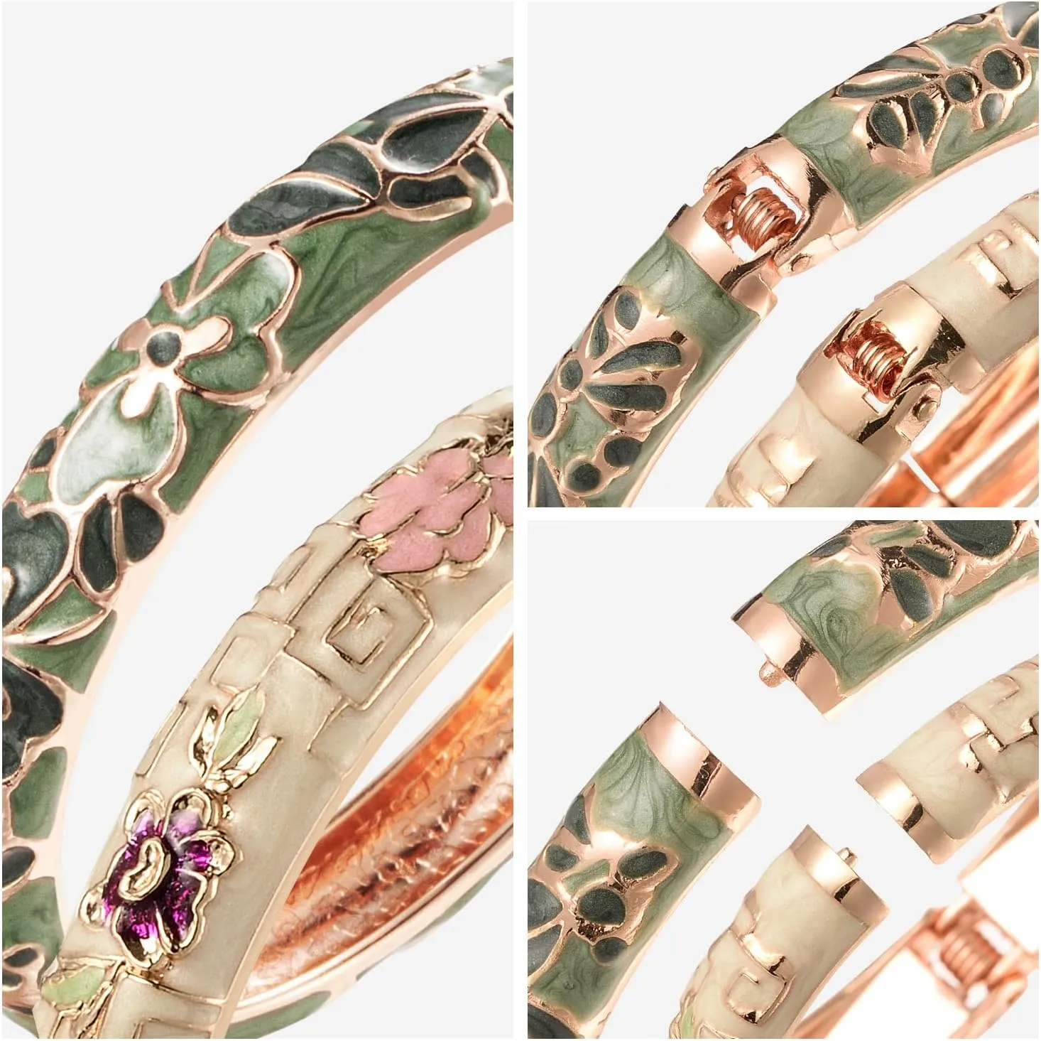 UJOY Vintage Cloisonne Bracelets Flower Enameled Jewelry Gold Plated Cuff Bangle for Women Gift Box 55A35