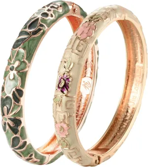 UJOY Vintage Cloisonne Bracelets Flower Enameled Jewelry Gold Plated Cuff Bangle for Women Gift Box 55A35