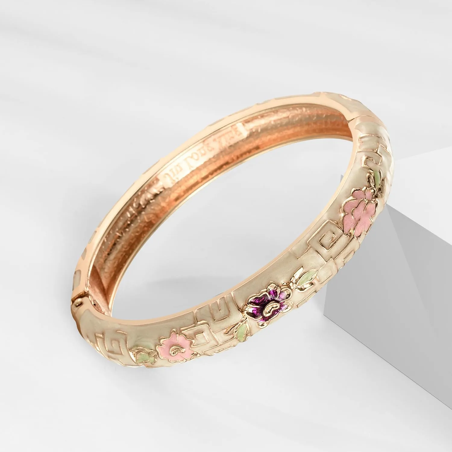 UJOY Vintage Cloisonne Bracelets Flower Enameled Jewelry Gold Plated Cuff Bangle for Women Gift Box 55A35