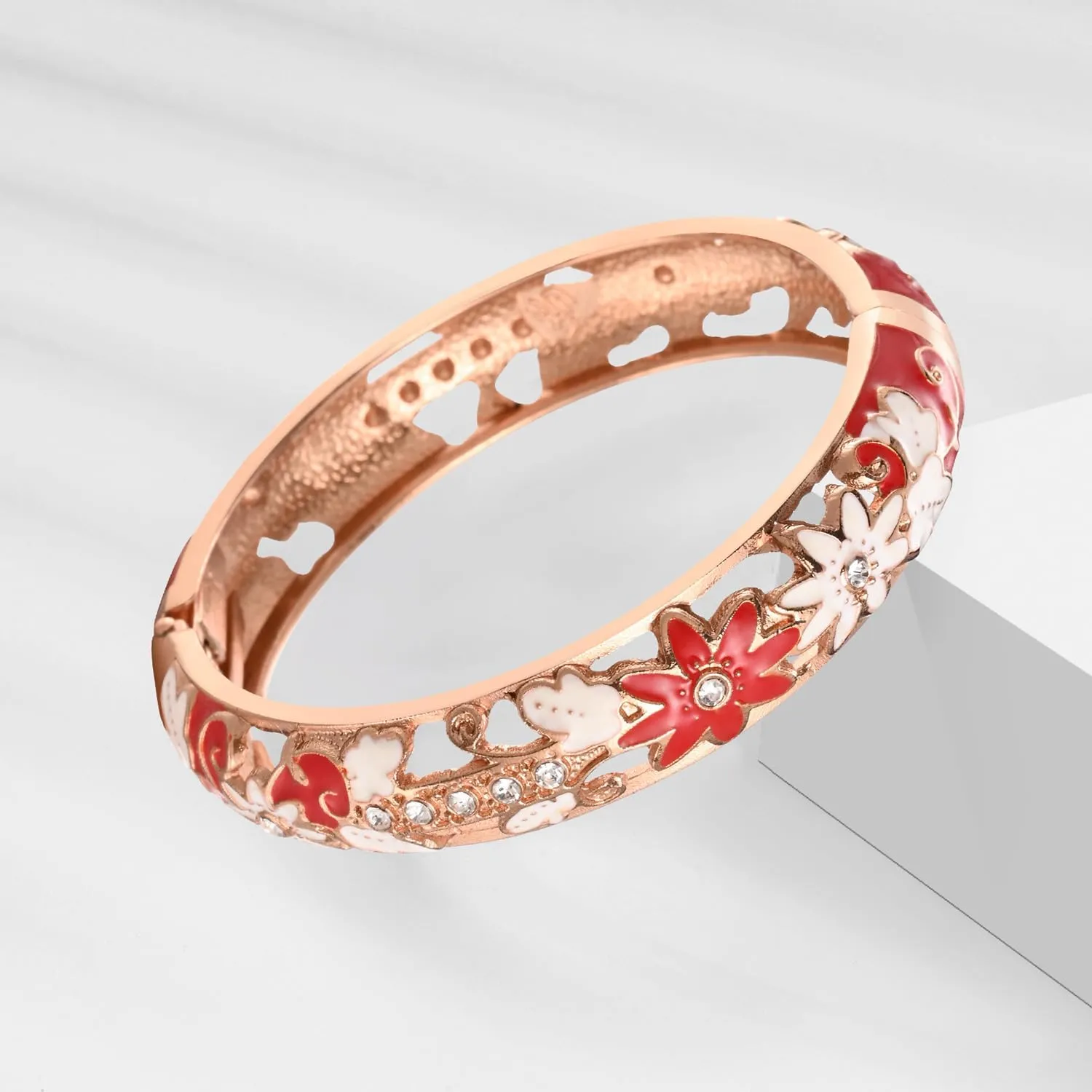 UJOY Womens Multi-Colors Cloisonne Bracelet Gold Plated Flower Hollowed Enameled Hinged Cuff Bangles Jewelry Gift 88A10
