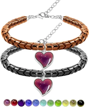 Uloveido A Pair of Gear-shape Hematite Bracelets with Color Changing Thermo Sensitive Mood Heart Charms, Couples Love Heart Bangles Gifts