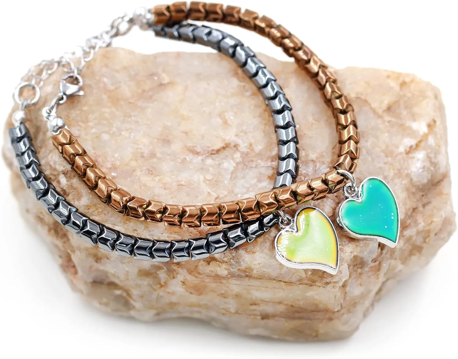 Uloveido A Pair of Gear-shape Hematite Bracelets with Color Changing Thermo Sensitive Mood Heart Charms, Couples Love Heart Bangles Gifts