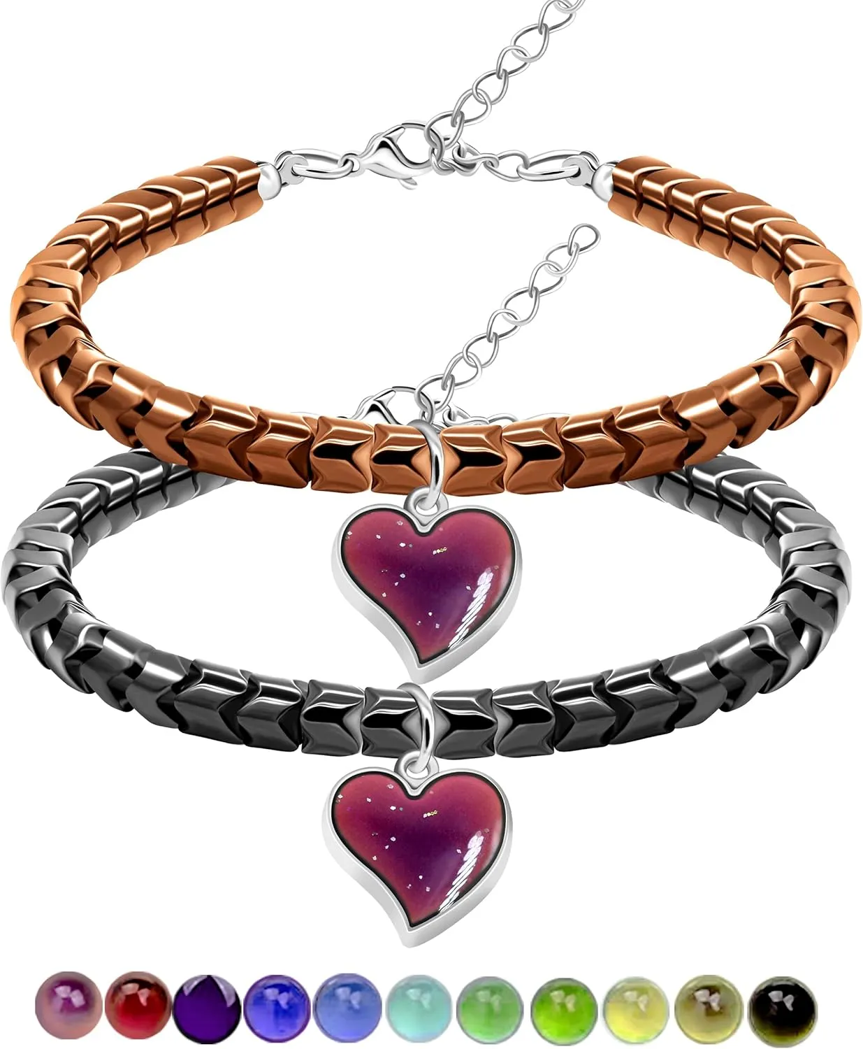 Uloveido A Pair of Gear-shape Hematite Bracelets with Color Changing Thermo Sensitive Mood Heart Charms, Couples Love Heart Bangles Gifts