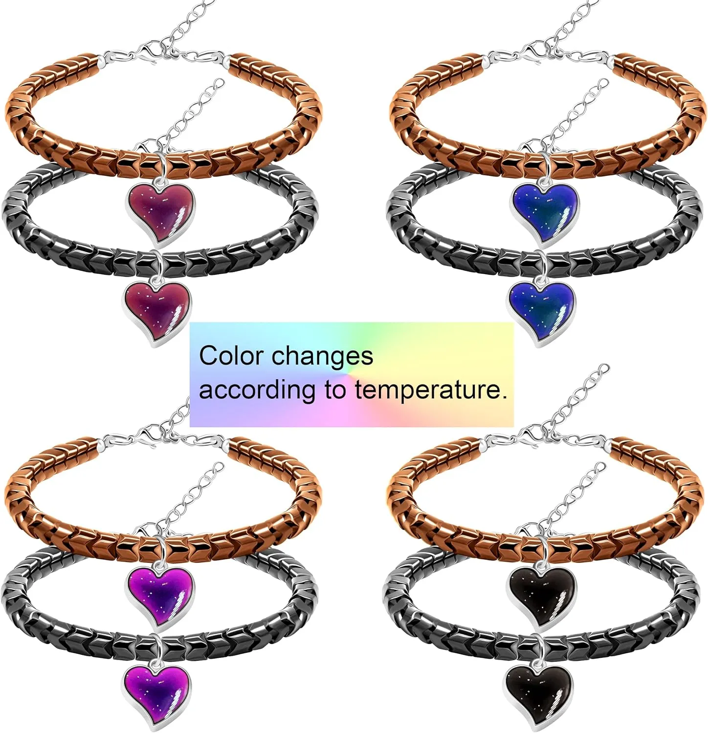 Uloveido A Pair of Gear-shape Hematite Bracelets with Color Changing Thermo Sensitive Mood Heart Charms, Couples Love Heart Bangles Gifts