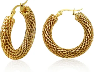 Unique hoops Earrings for Women Mesh Hoop Earrings 14K Gold Plated Lightweight Hoops Earring Hypoallergenic Hoops 30mm