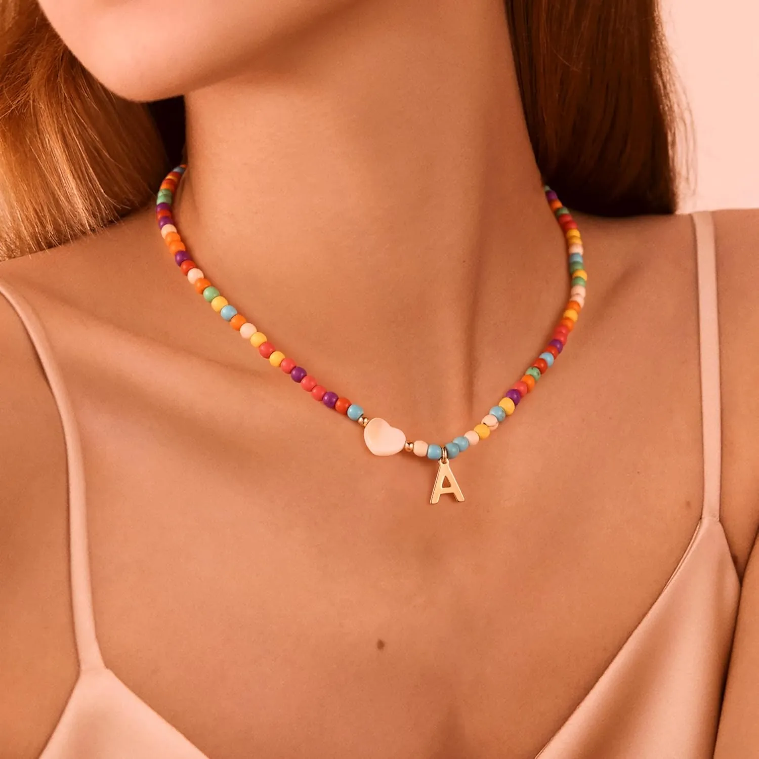 Ursteel Colorful Initial Cute Necklaces for Girls - Trendy Beaded Choker Necklace for Women Teen Girl, Personalized Letter Initial Gifts for Women Kids Jewelry