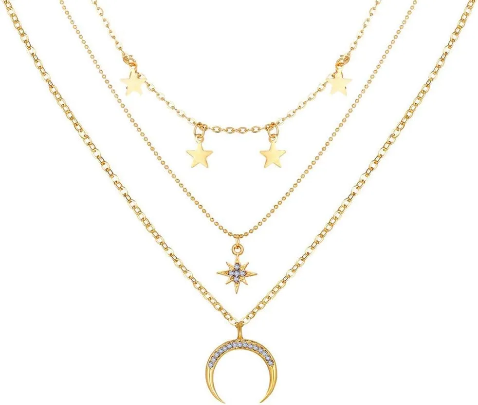 Valentines Day Gifts Moon Star Gold Layered Pendants Necklace for Women Dainty Choker Chain Necklace Jewelry for Her Friend Wife Mom Anniversary Birthday Gifts Deals Return Day under 5 Dollars Orders