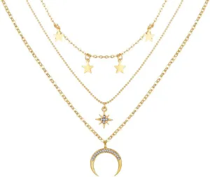 Valentines Day Gifts Moon Star Gold Layered Pendants Necklace for Women Dainty Choker Chain Necklace Jewelry for Her Friend Wife Mom Anniversary Birthday Gifts Deals Return Day under 5 Dollars Orders