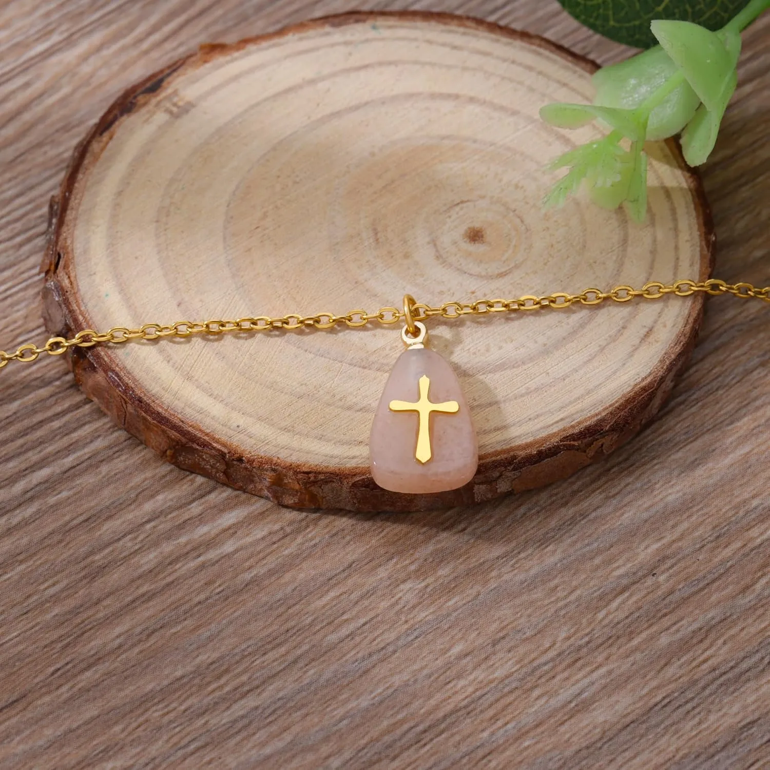 VAttract Stone Cross Necklace, Natural Stone Necklaces, Cross Pendant Necklace for Women, Gemstone Jewelry with Adjustable Chain Jewelry Gift for Girls