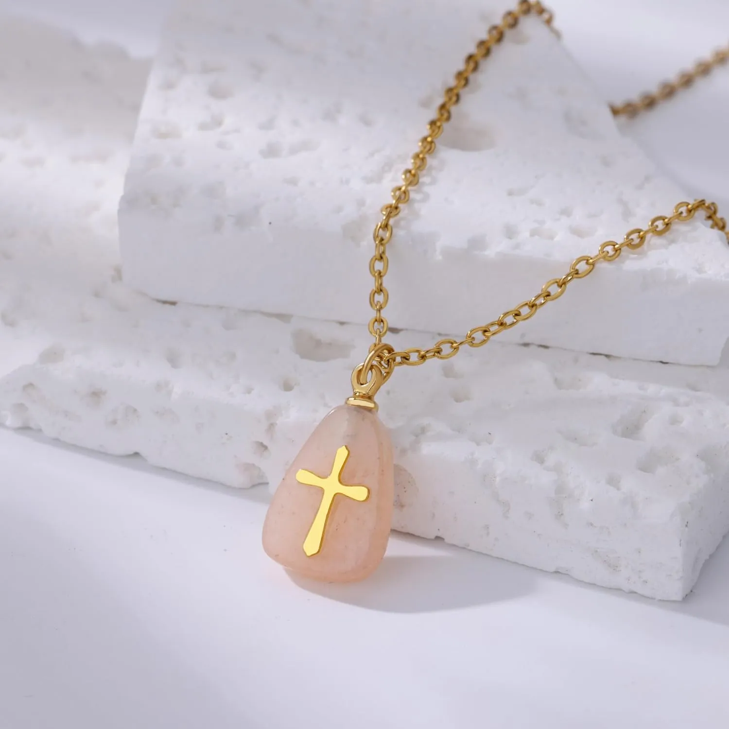 VAttract Stone Cross Necklace, Natural Stone Necklaces, Cross Pendant Necklace for Women, Gemstone Jewelry with Adjustable Chain Jewelry Gift for Girls