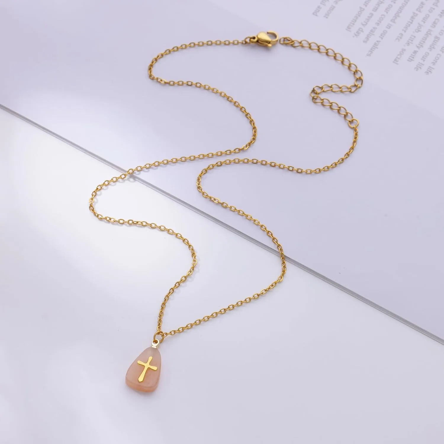 VAttract Stone Cross Necklace, Natural Stone Necklaces, Cross Pendant Necklace for Women, Gemstone Jewelry with Adjustable Chain Jewelry Gift for Girls