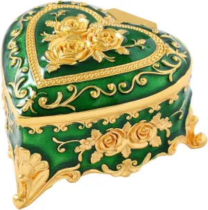 Vintage Jewelry Box, Gold Heart Shape Treasure Ring Box, Metal Trinket Organizer Keepsake Box Gift for Girl Women, Green