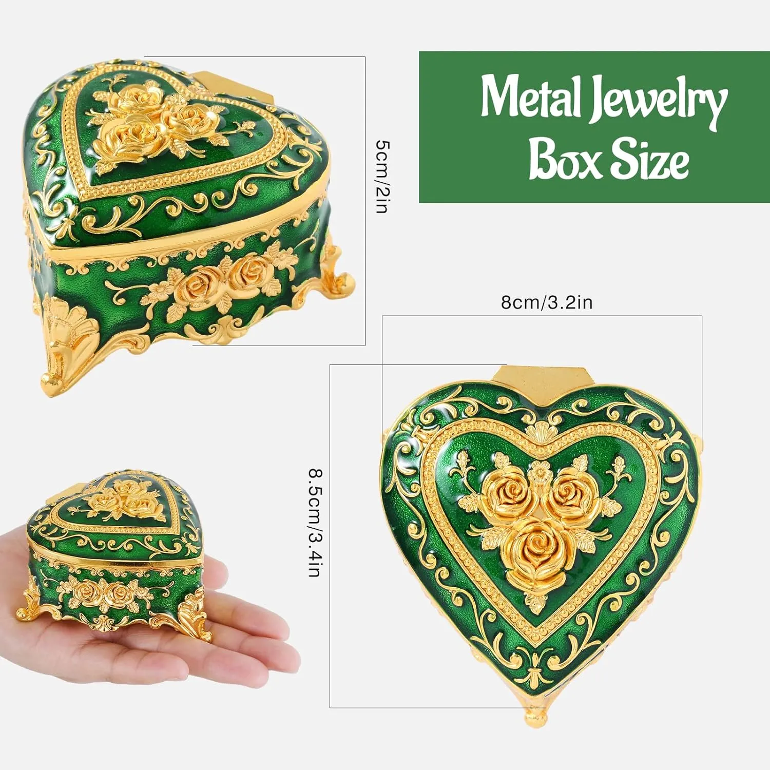Vintage Jewelry Box, Gold Heart Shape Treasure Ring Box, Metal Trinket Organizer Keepsake Box Gift for Girl Women, Green