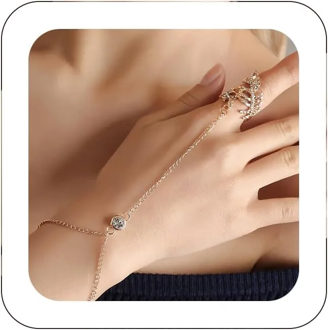 Vintage Leaf Finger Ring Bracelet Statement Tassel Chain Hand Harness Sparkling Rhinestone Leaves Ring One-Piece Link Bracelet Adjustable Trendy Jewelry Gifts for Womens
