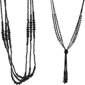 Vintage Midnight Black Sparkly Beaded Necklace Jewelry, Gatsby Style beaded Necklace, Long Length, Stunning necklace