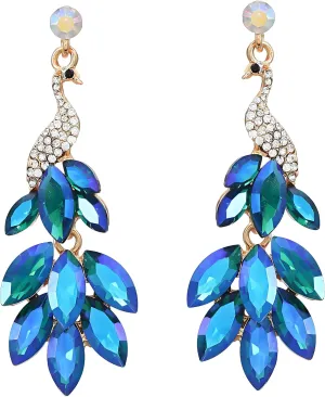 Vintage Peacock Dangle Earrings for Women 14K Gold Plated Green Crystal Feather Peafowl Statement Drop Dangling Stud Earring Boho Exaggerated Birthday Holiday Jewelry Gifts