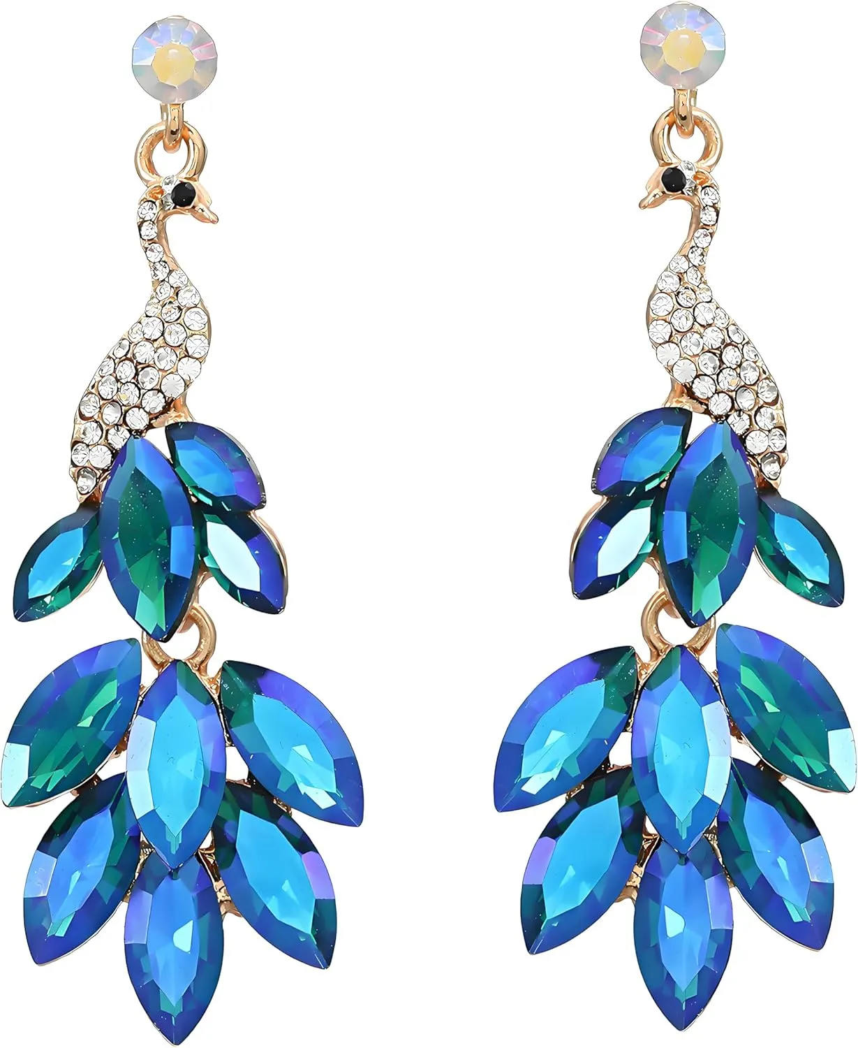 Vintage Peacock Dangle Earrings for Women 14K Gold Plated Green Crystal Feather Peafowl Statement Drop Dangling Stud Earring Boho Exaggerated Birthday Holiday Jewelry Gifts
