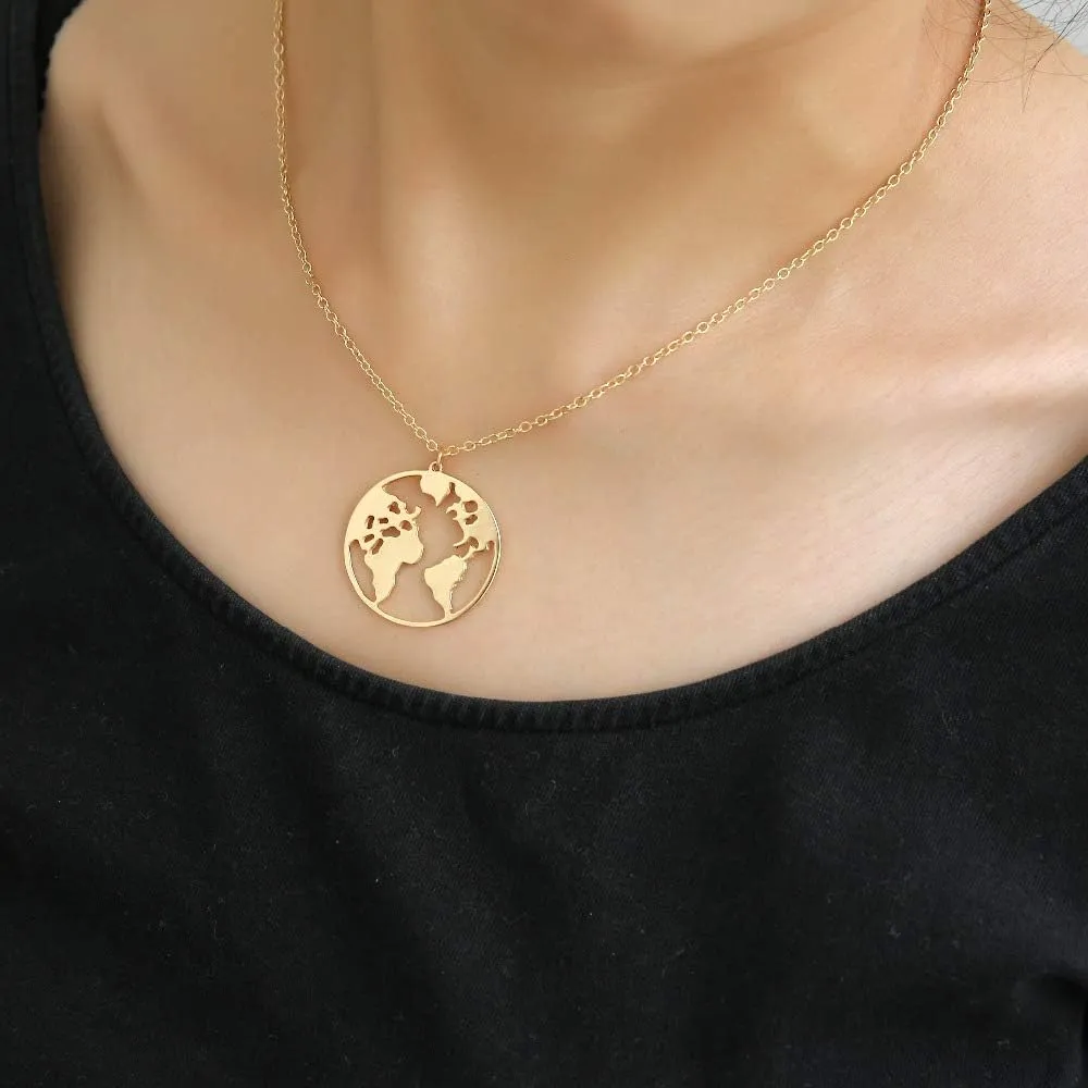 Vintage Round Origami World Map Necklace Women Geometric Round Necklace Circle Necklaces & Pendants Choker Jewelry