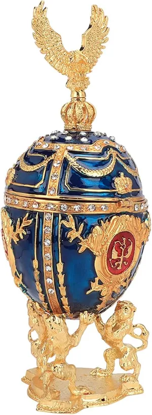 Vintage Style Gold Plated Enamel Painted Faberge Egg with Crown Eagle Sparkling Rhinestones Metal Crafts Jewelry Trinket Box