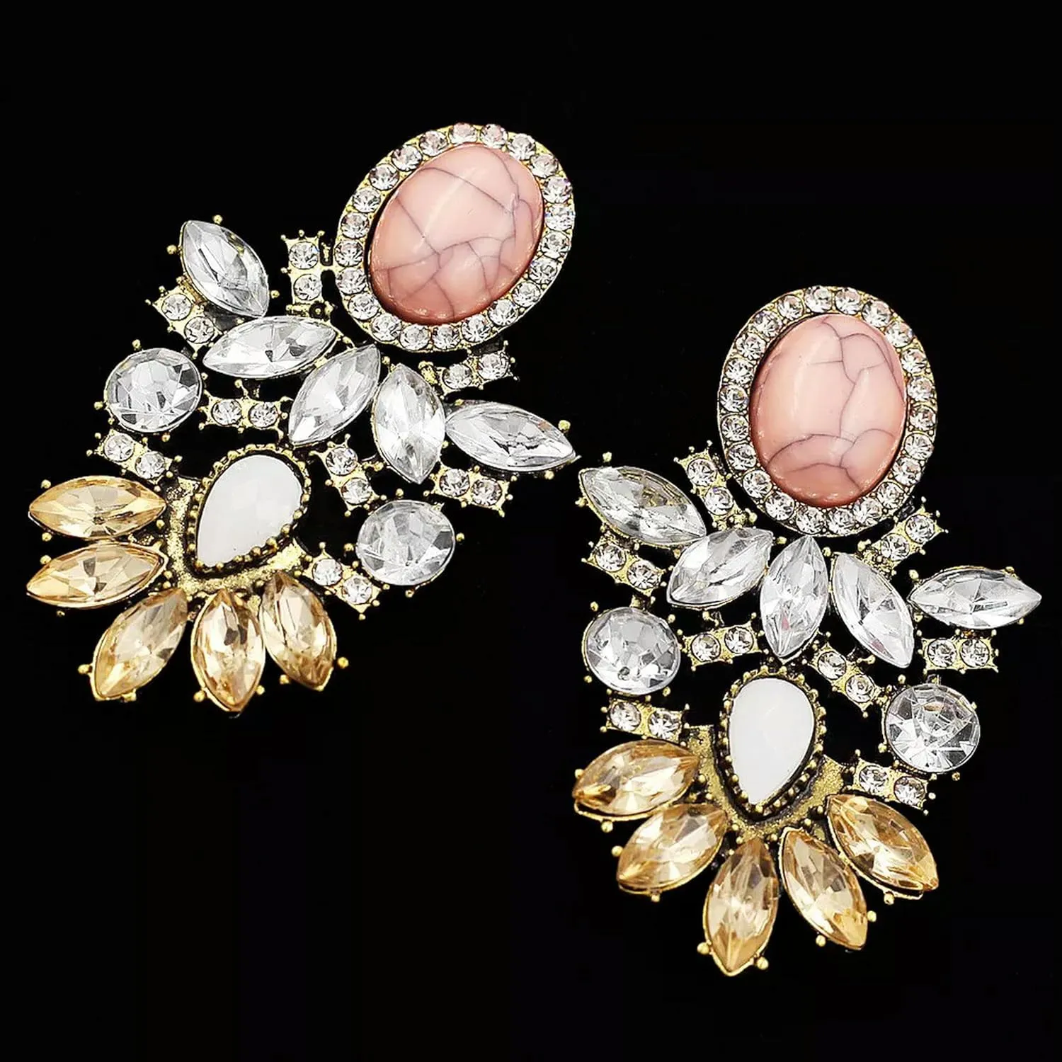 Vintage Style Pink Stone Crystal Flower Earbob Stud Earrings Wedding Party Gift -Default