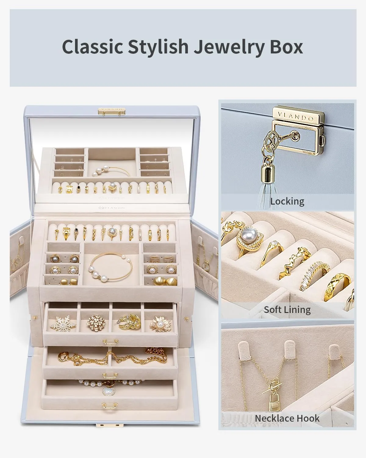 Vlando Jewelry Box for Girls, 4-Tier Jewelry Organizer with Lock, Mirror Jewelry Box for Earring, Ring, Necklace and Bracelets - Blue